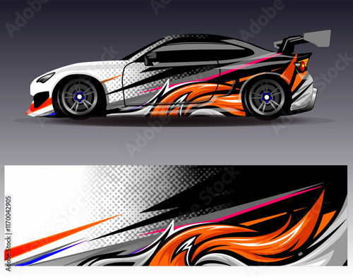 Car wrap design vector. Graphic abstract stripe racing background designs for vehicle, rally, race, adventure and car racing livery