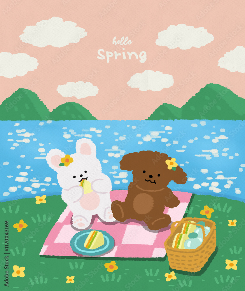 Spring illustration with a river landscape with a puppy and a rabbit picnicking Spring illustration with a river landscape with a puppy and a rabbit picnicking