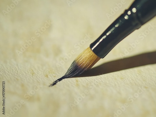 The brush is on top of a tan surface, likely drawing or painting. It's an essential tool for artists and crafters. photo