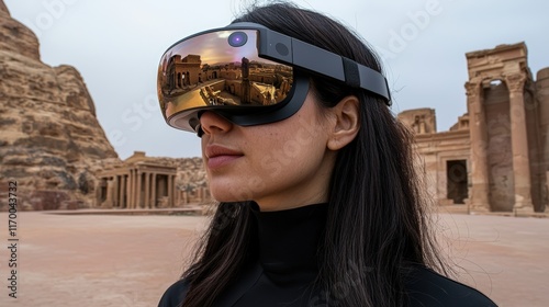 A woman wearing futuristic VR goggles in front of ancient ruins, blending technology with historical architecture.