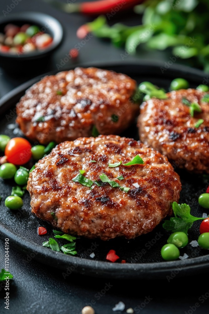 Flavorful meat patties in a bun, seasoned and garnished, served on a wooden board. Flavorful meat patties in a bun, seasoned and garnished, served on a wooden board.