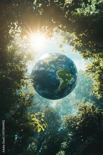 Fototapeta Naklejka Na Ścianę i Meble -  The Earth set against the backdrop of a lush forest, symbolizing nature's beauty and our interconnectedness with the planet.
