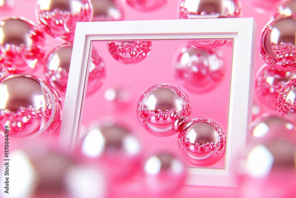 Fototapeta premium Abstract, 3D, pink, spheres, frame, white, background, 