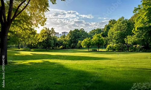Serene park scene with a wooden bench, lush green grass, and trees under a vibrant morning sky, with city skyline in the distance.