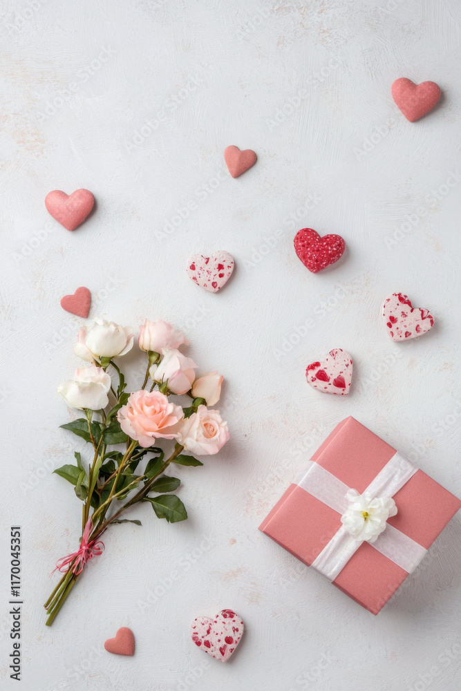 romantic flat lay with pink roses, gift box, and heart decorations on white background romantic flat lay with pink roses, gift box, and heart decorations on white background