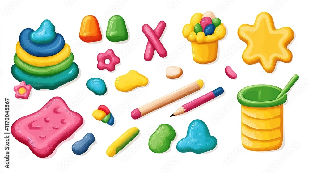 Naklejka premium White background schoolbook sticker set featuring modeling clay , designed for educational purposes with colorful, playful illustrations of shapes and figures.