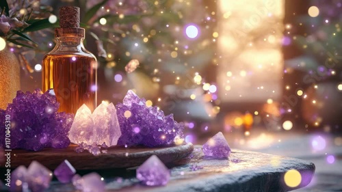 Purple crystals and essential oil surrounded by soft bokeh lights create serene atmosphere, inviting relaxation, wellness, tranquility, and harmony in every moment.