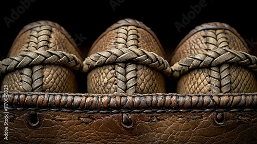 Three intricately braided leather shoes in a box photo