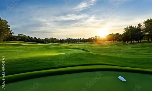 Sunset over a lush green golf course putting green, surrounded by trees and hills under a clear sky.