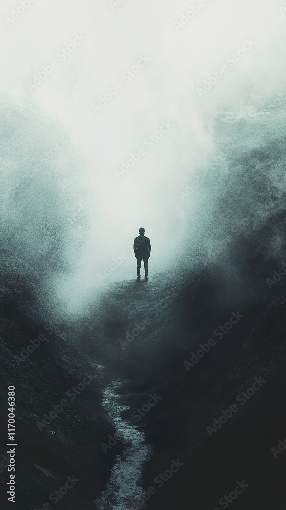 Fototapeta premium Solitude: A Man in a Foggy Landscape
