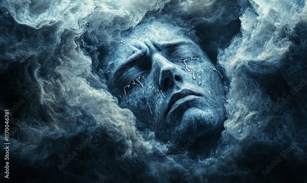 A sorrowful face emerges from a swirling vortex of dense clouds, tears streaming down. A sorrowful face emerges from a swirling vortex of dense clouds, tears streaming down.