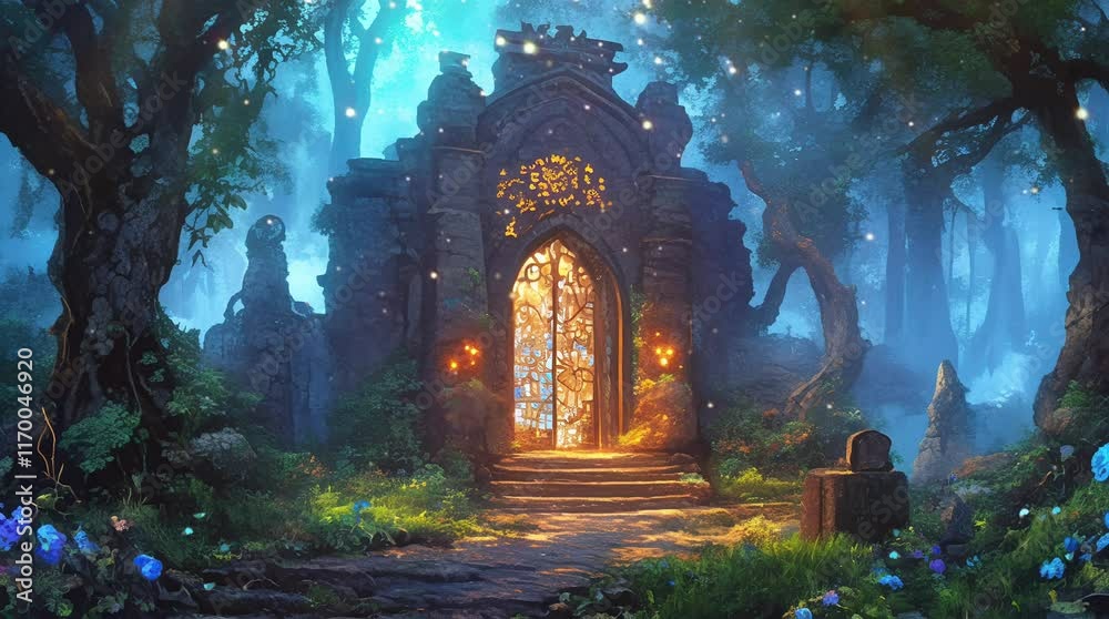 Mystical glowing portal gate in an enchanted fantasy forest at night  
Seamless looping 4k time-lapse virtual video animation Generated AI