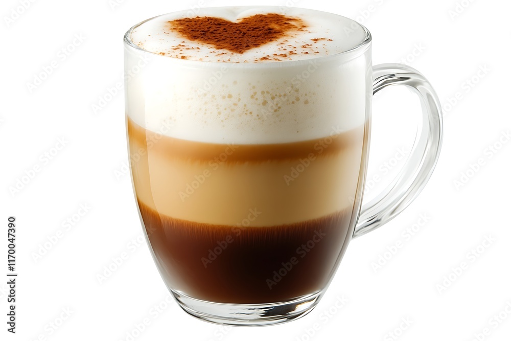 A layered coffee drink with frothy milk and cocoa powder in a clear glass mug. A layered coffee drink with frothy milk and cocoa powder in a clear glass mug.
