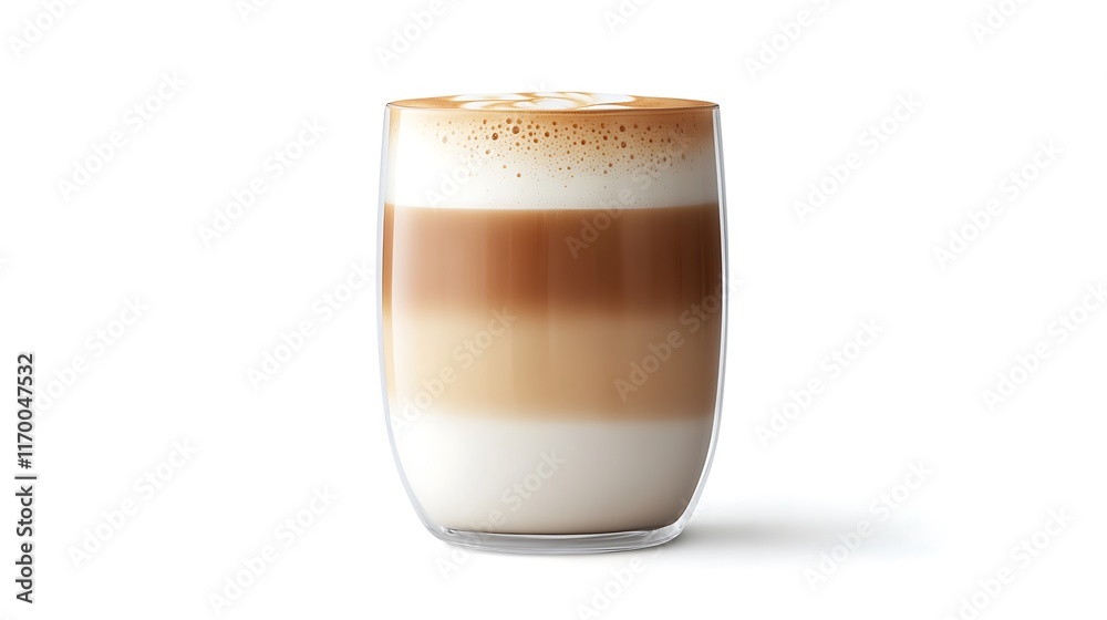 A layered latte in a clear glass, showcasing its creamy textures and colors. A layered latte in a clear glass, showcasing its creamy textures and colors.