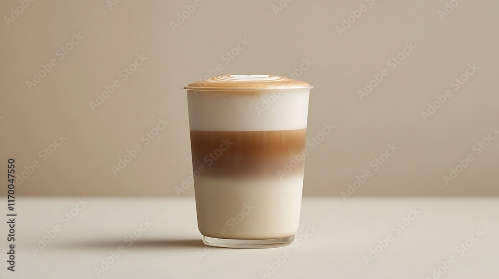 A layered coffee drink in a clear glass, showcasing its creamy texture and colors. A layered coffee drink in a clear glass, showcasing its creamy texture and colors.
