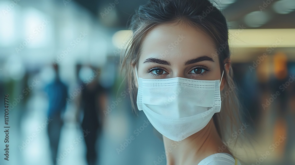 Young woman wearing a mask in a busy airport setting. Young woman wearing a mask in a busy airport setting.
