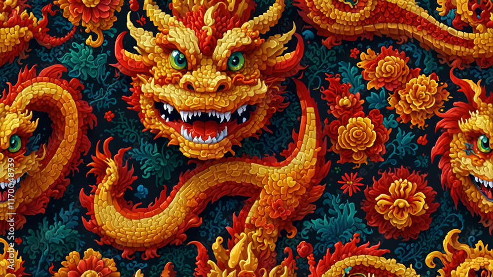 Obraz premium Dragons With Vibrant Scales in Red, Orange, and Yellow Surrounded by Blue and Yellow Floral Elements on a Dark Background