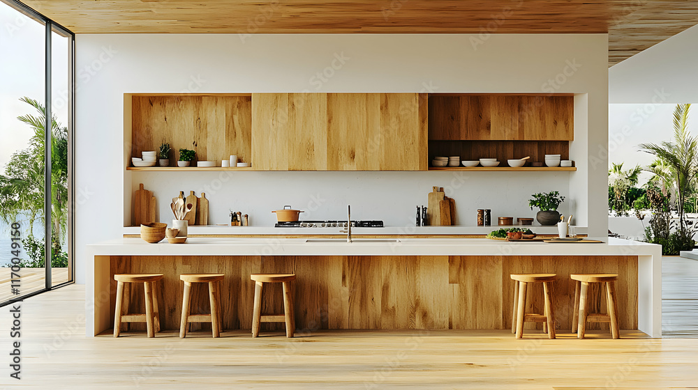 Modern Coastal Kitchen Design 3D Illustration: Oak Wood Cabinets, Island Counter, and Ocean View Modern Coastal Kitchen Design 3D Illustration: Oak Wood Cabinets, Island Counter, and Ocean View