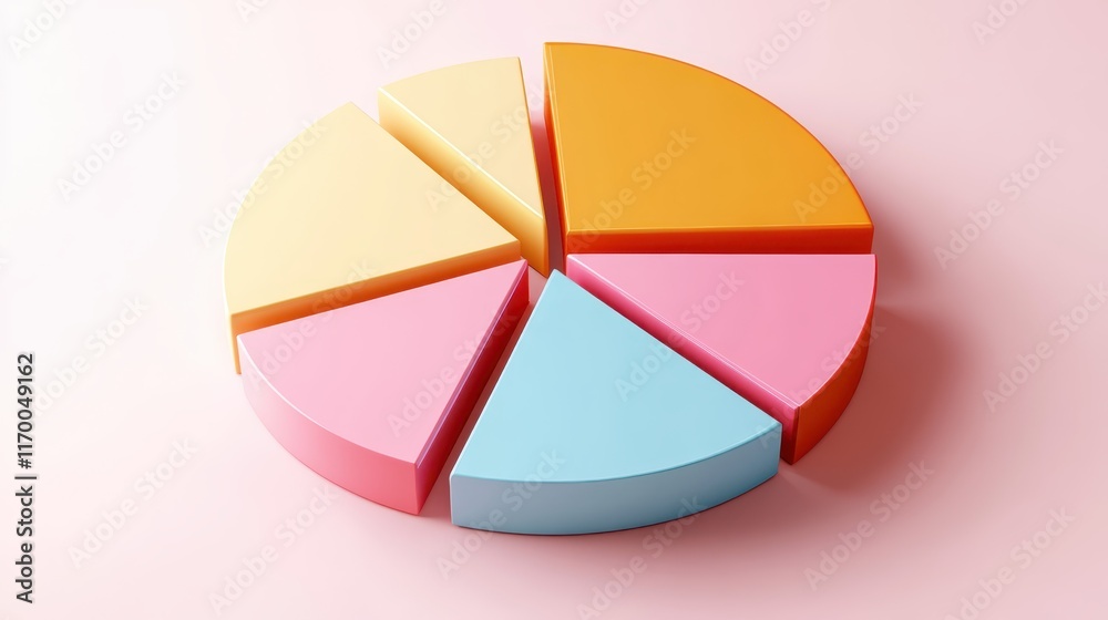 Obraz premium Colorful pie chart, pastel colors, cyan blue, yellow, pink, red segments, 3D rendering, smooth texture, soft lighting, minimalist design, business analytics concept, data visualization, clean backgrou