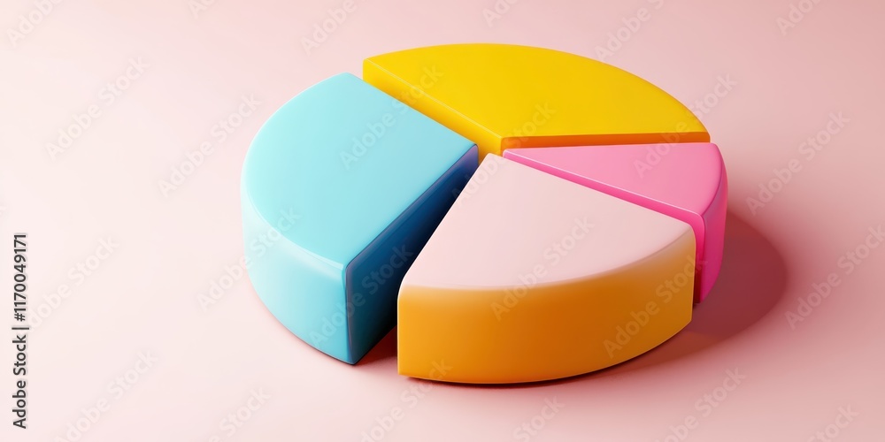 Obraz premium Colorful pie chart, pastel colors, cyan blue, yellow, pink, red segments, 3D rendering, smooth texture, soft lighting, minimalist design, business analytics concept, data visualization, clean backgrou