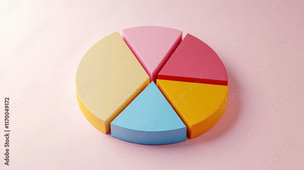 Fototapeta premium Colorful pie chart, pastel colors, cyan blue, yellow, pink, red segments, 3D rendering, smooth texture, soft lighting, minimalist design, business analytics concept, data visualization, clean backgrou
