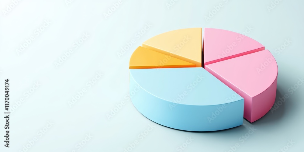 Obraz premium Colorful pie chart, pastel colors, cyan blue, yellow, pink, red segments, 3D rendering, smooth texture, soft lighting, minimalist design, business analytics concept, data visualization, clean backgrou