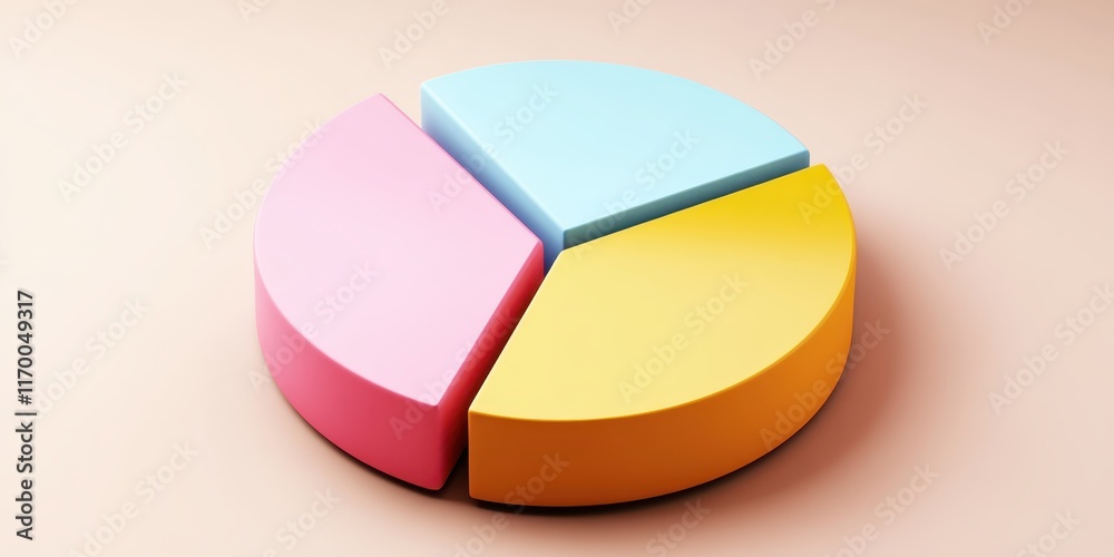 Obraz premium Colorful pie chart, pastel colors, cyan blue, yellow, pink, red segments, 3D rendering, smooth texture, soft lighting, minimalist design, business analytics concept, data visualization, clean backgrou