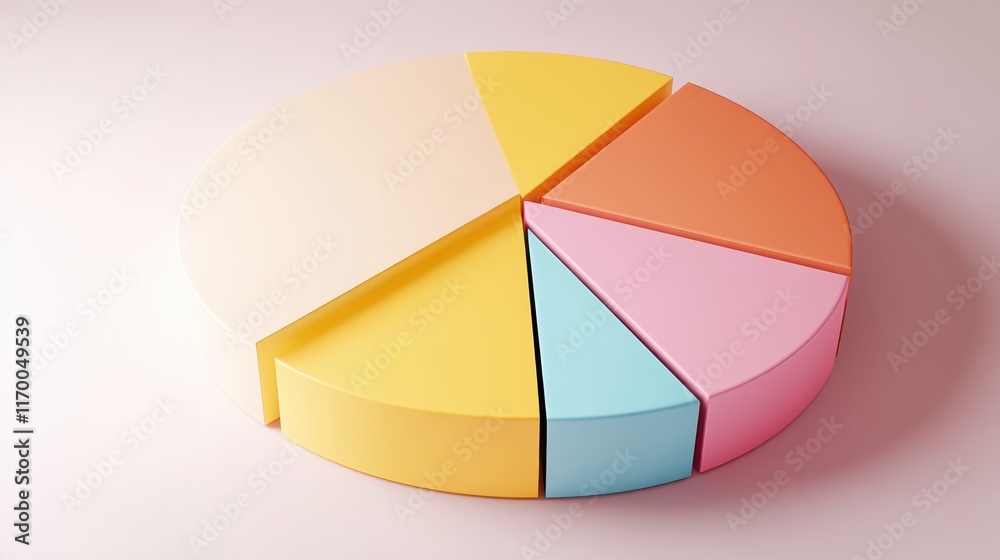 Obraz premium Colorful pie chart, pastel colors, cyan blue, yellow, pink, red segments, 3D rendering, smooth texture, soft lighting, minimalist design, business analytics concept, data visualization, clean backgrou