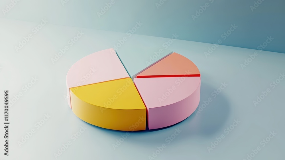 Obraz premium Colorful pie chart, pastel colors, cyan blue, yellow, pink, red segments, 3D rendering, smooth texture, soft lighting, minimalist design, business analytics concept, data visualization, clean backgrou