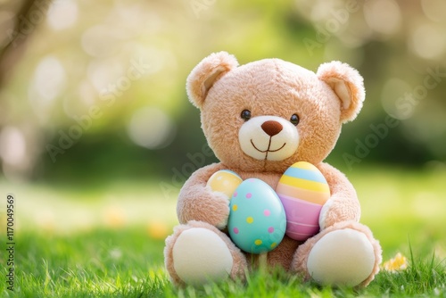 Teddy bear is holding a basket of eggs