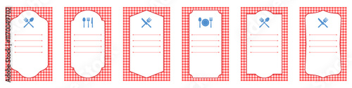 editable gingham pattern or tile checkered with empty window badge and cutlery utensil for Picnic BBQ Party invitation, poster and banner or flyer, restaurant menu vector	
