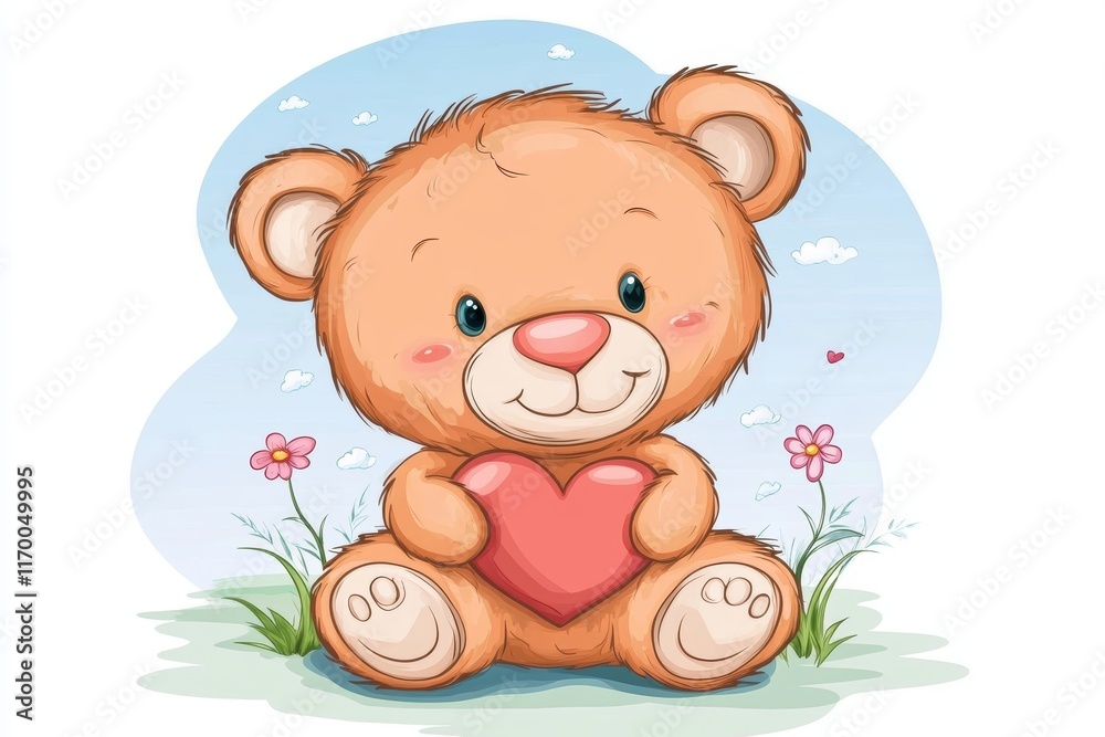 Obraz premium Teddy bear is sitting in a field with a heart in its mouth