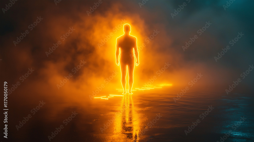 Obraz premium A luminous figure stands amidst a hazy, orange-tinged atmosphere.