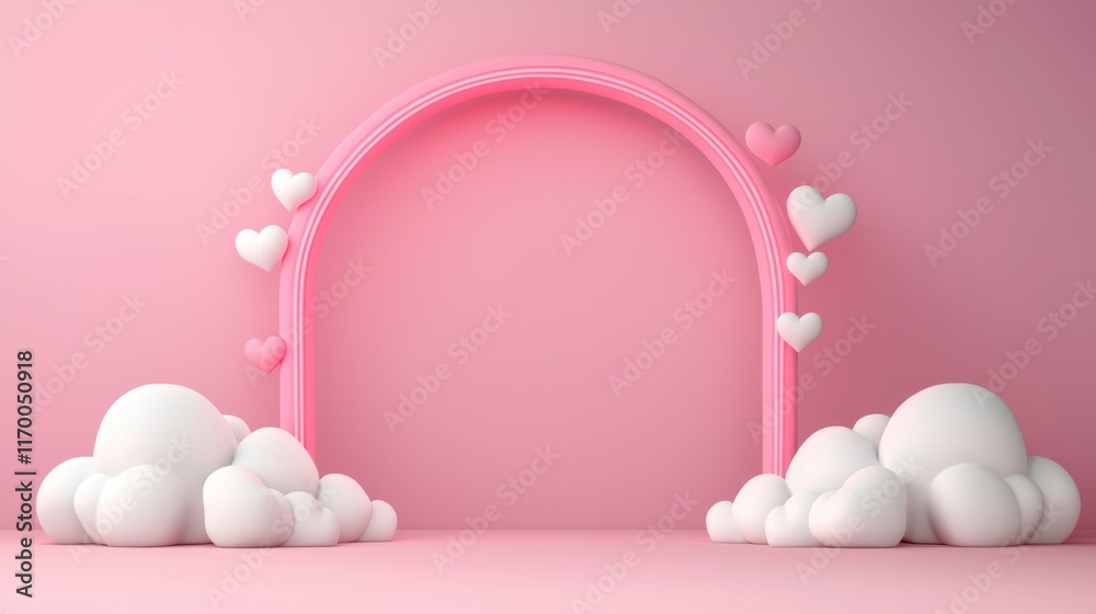 A whimsical pink arch adorned with hearts, set against a soft backdrop, evoking love and joy in a playful atmosphere. A whimsical pink arch adorned with hearts, set against a soft backdrop, evoking love and joy in a playful atmosphere.