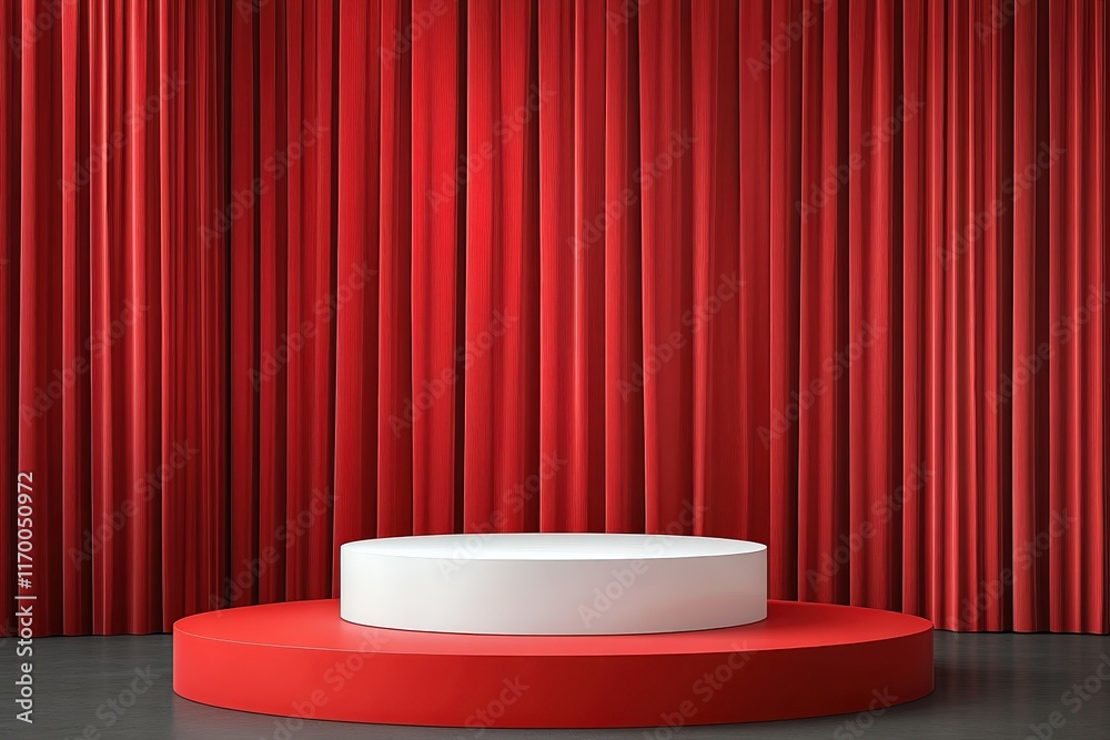 Elegant Red Backdrop with Circular Platform for Presentations and Displays in Studio Environment Featuring Soft Drapes and Minimalist Design