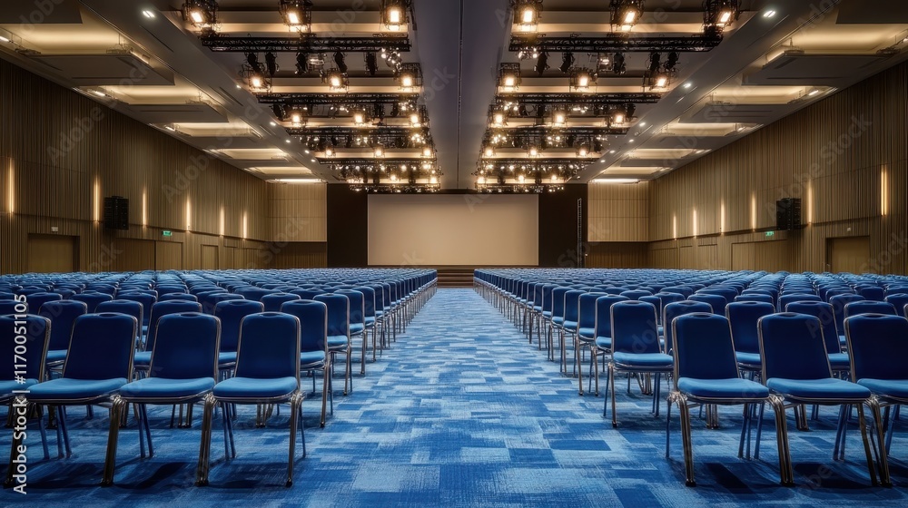 Obraz premium Large conference hall, rows of blue chairs, symmetrical perspective, dramatic lighting, ceiling spotlights, patterned blue carpet, empty auditorium, wide-angle view, corporate event space, geometric p