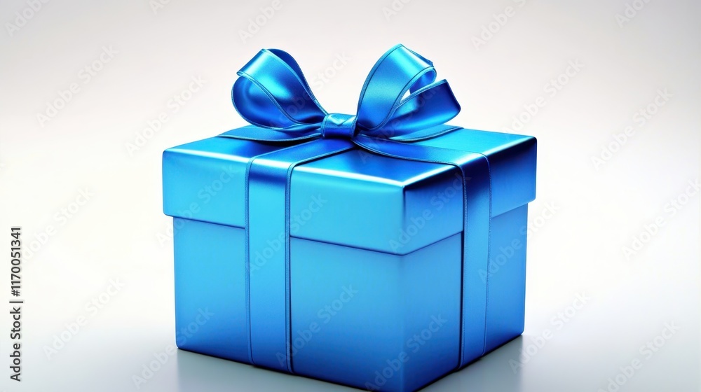 Obraz premium Realistic 3D render, teal gift box, shiny blue ribbon bow, soft lighting, studio photography, detailed textures, minimalist composition, festive, celebratory, clean background, product photography, hi