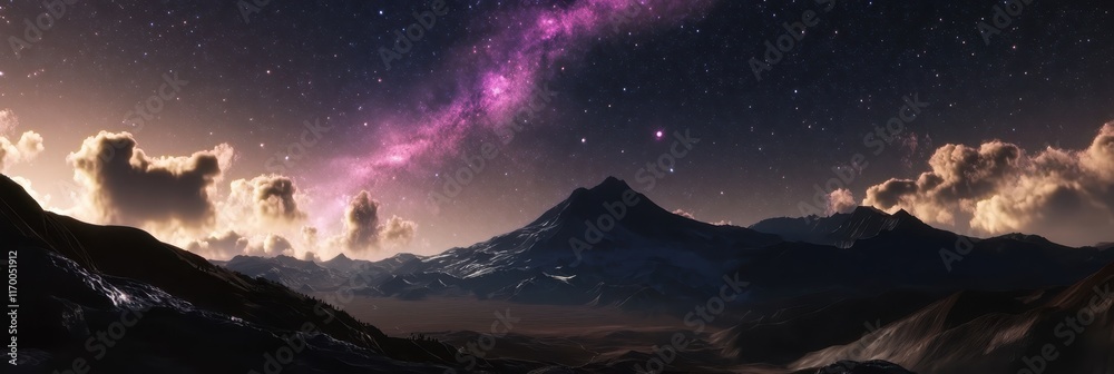 Naklejka premium Night sky, colorful aurora, mountain peak, starry cosmos, vibrant nebula, silhouetted landscape, dreamlike atmosphere, fantasy scenery, majestic nature, surreal celestial display, cosmic wonder, purpl