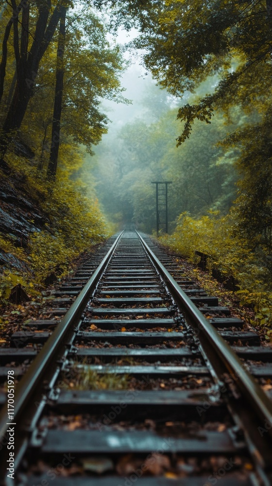 Fototapeta premium Train tracks disappear into a misty forest.