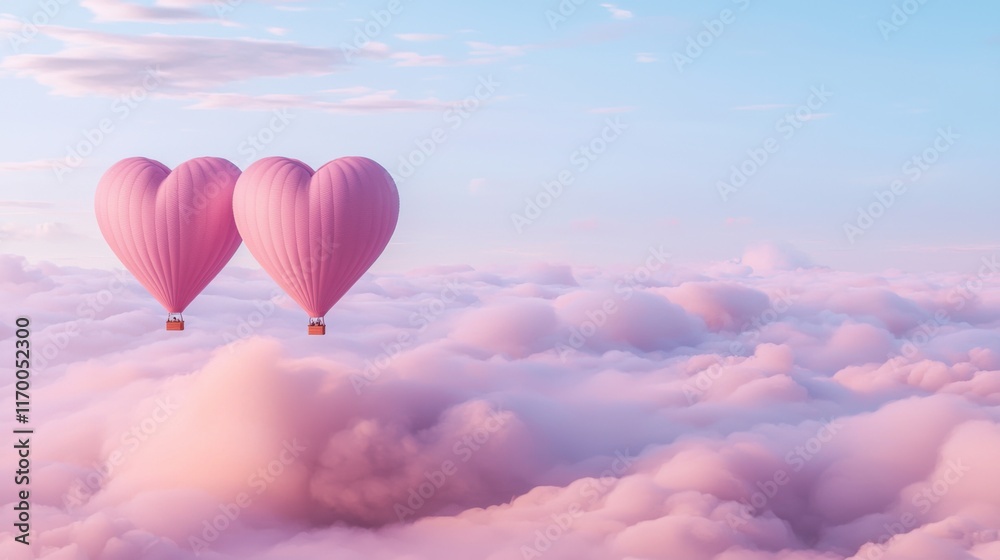 Obraz premium Two pink heart-shaped hot air balloons float over soft clouds in a pastel sky, symbolizing love and adventure.