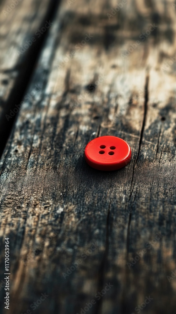 Red button on weathered, brown wood surface. Red button on weathered, brown wood surface.