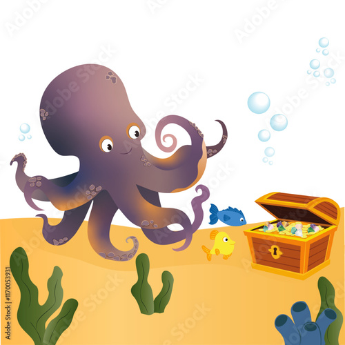 Octopus and Sea Friends Discover Treasure: Vector Illustration