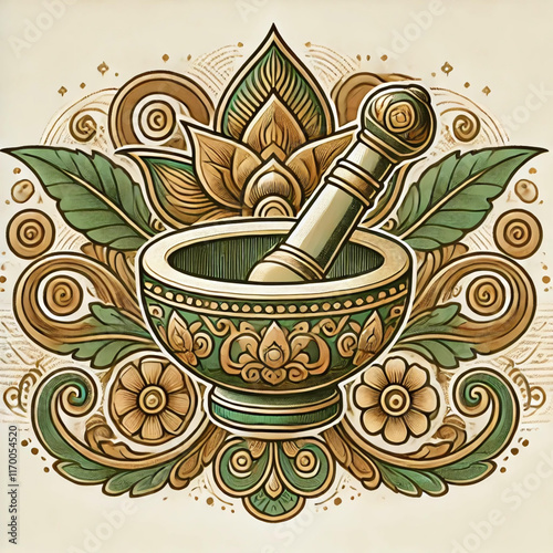 Ornate Mortar and Pestle with Floral Design
