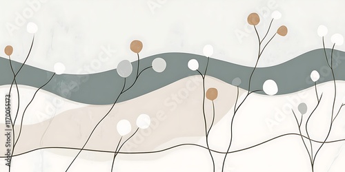 Abstract floral landscape, muted tones, wavy background, wall art.