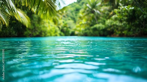 Morning swim in a calm tropical lagoon, surrounded by lush greenery photo