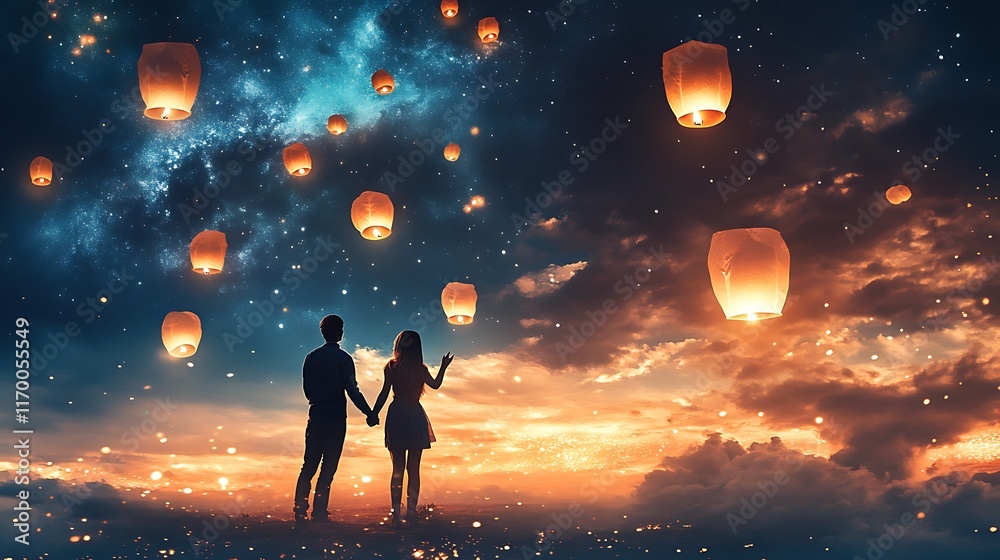 Fototapeta premium A young couple releasing lanterns into a starry sky filled with dreamy clouds of light