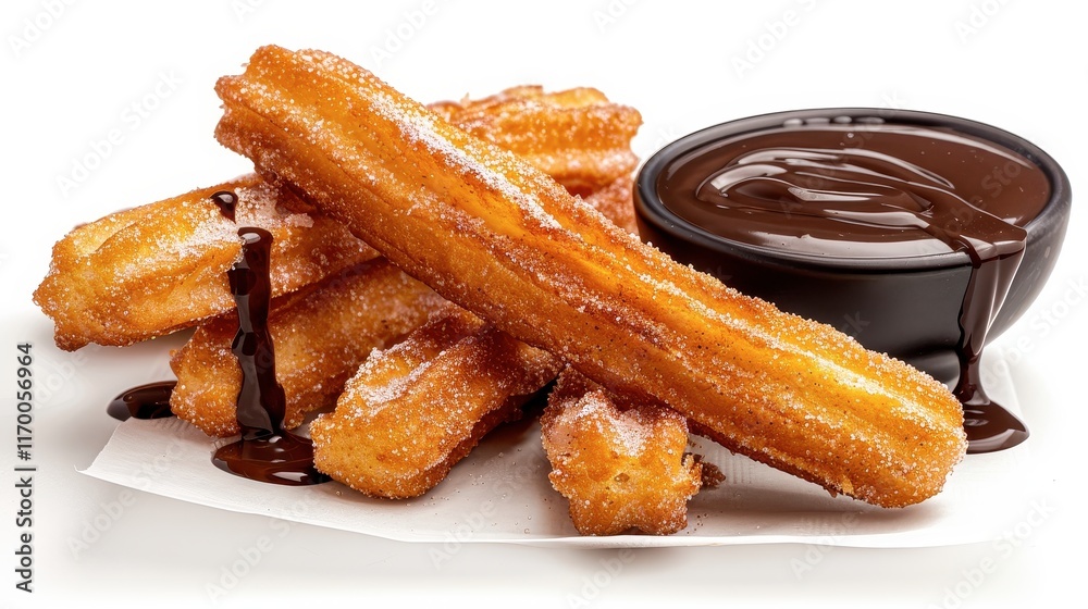 121. Cinnamon sugar churros with a chocolate dipping sauce, arranged neatly, Isolated, White background, Editorial Photography, Studio lighting, Magazine foods style 121. Cinnamon sugar churros with a chocolate dipping sauce, arranged neatly, Isolated, White background, Editorial Photography, Studio lighting, Magazine foods style