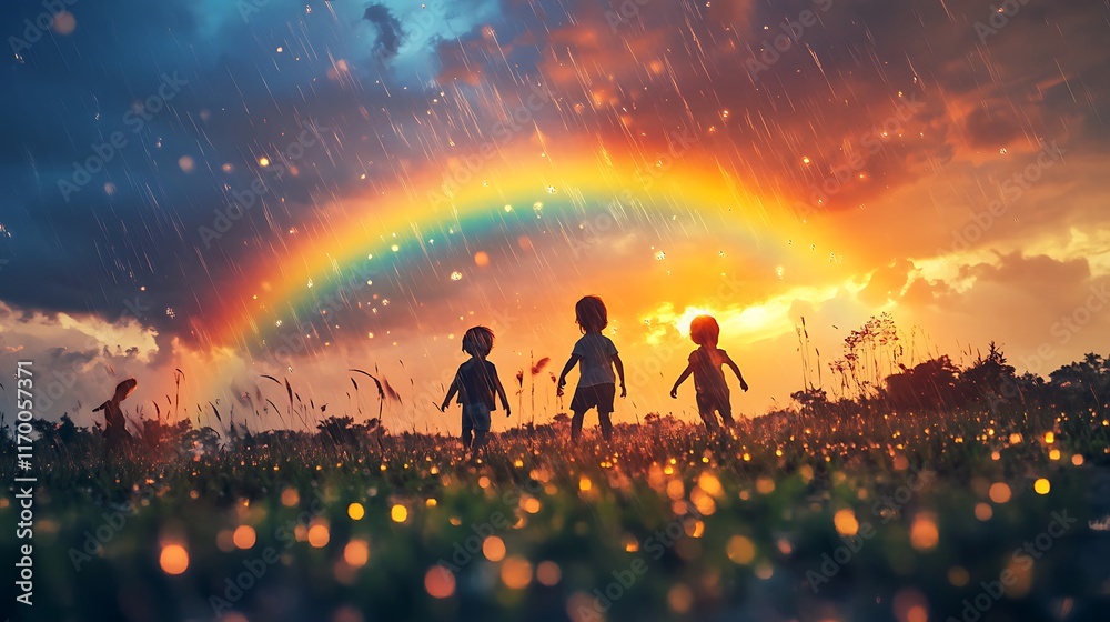 Children playing under a colorful rainbow with glowing raindrops in a serene countryside setting Children playing under a colorful rainbow with glowing raindrops in a serene countryside setting