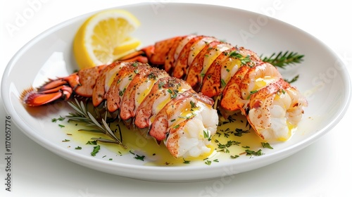 136. Plate of lobster tail with garlic butter and lemon, elegantly presented, Isolated, White background, Editorial Photography, Studio lighting, Magazine foods style
