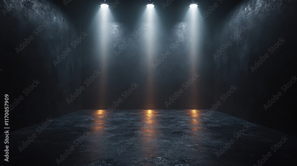Fototapeta premium Dark room spotlights illuminate empty floor.